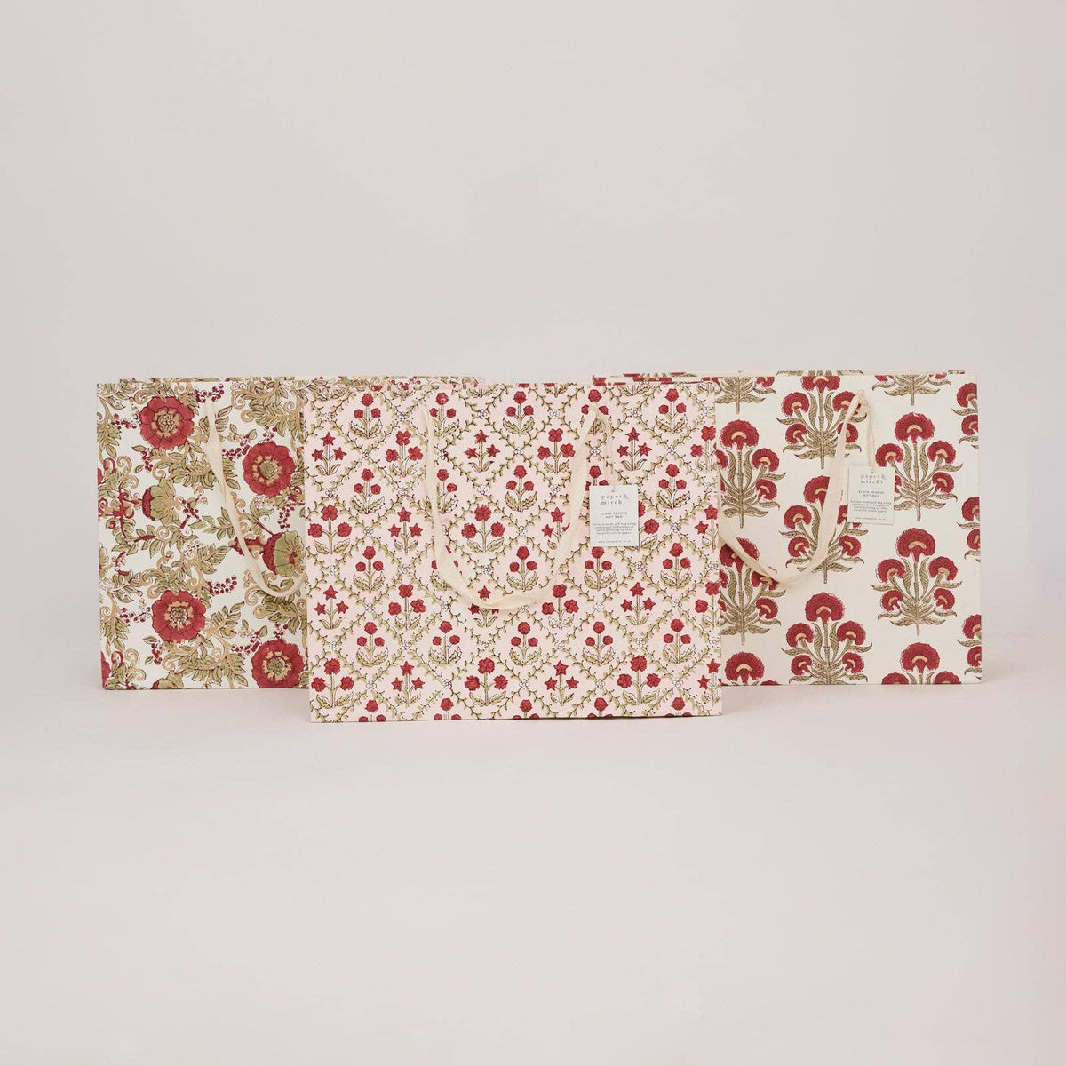 Block Printed Gift Bags - Winter Red - Large