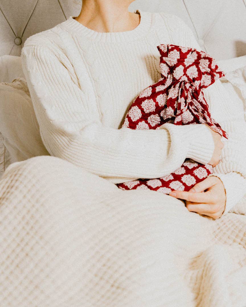 Quilted Block Printed Hot Water Bottle Cover - Burgundy