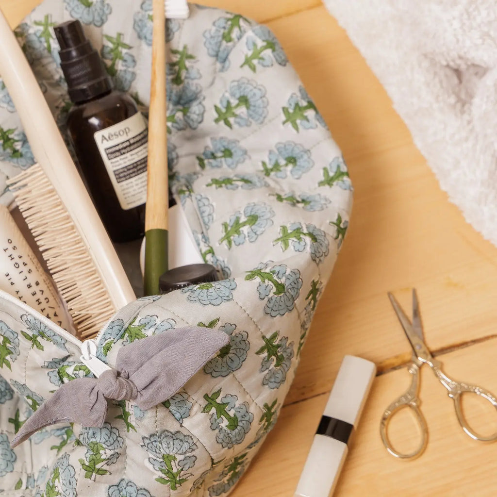 Hand Block Printed Wash Bag - French Blue Sprig