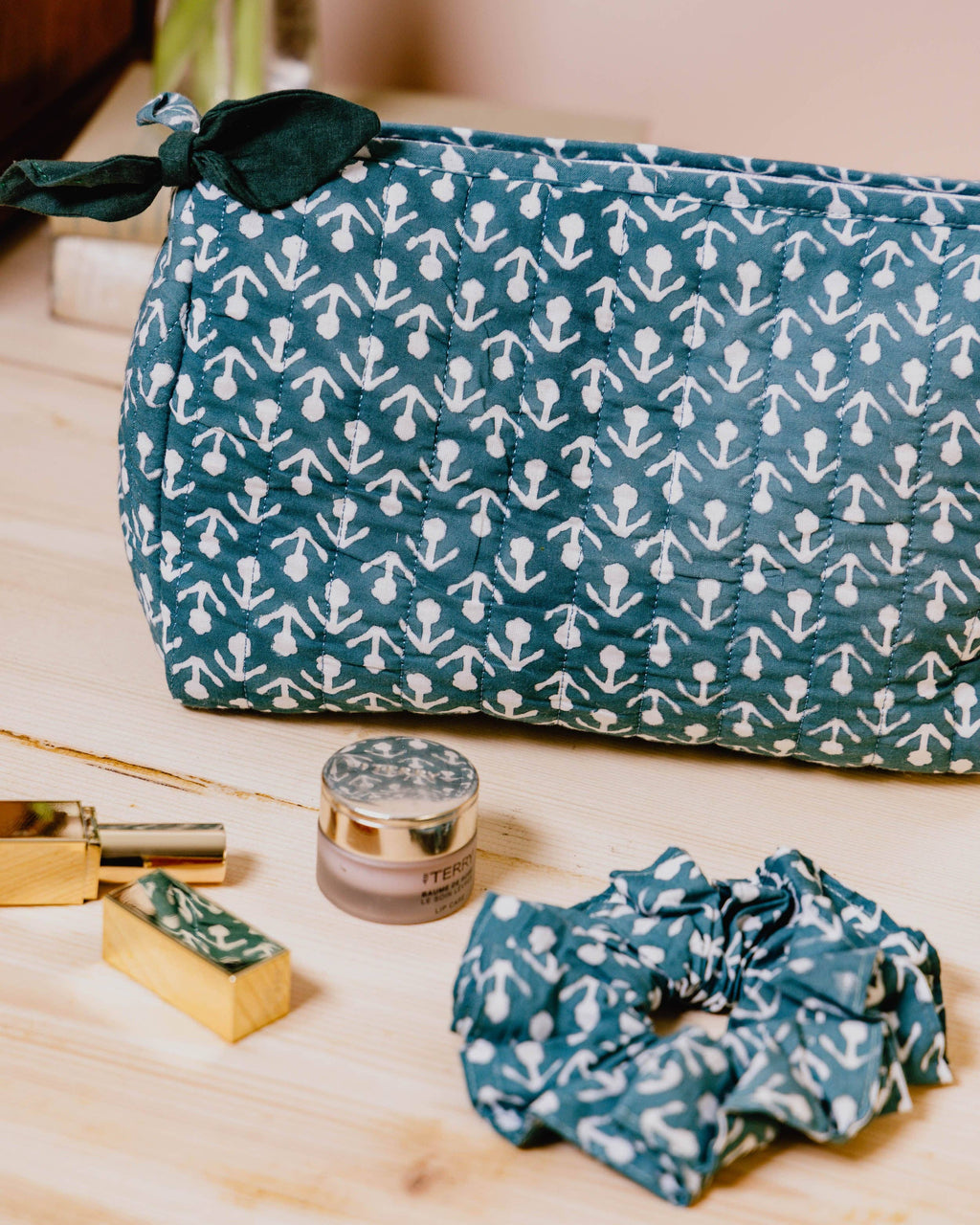 Hand Block Printed Wash Bags - Peacock Green Buti
