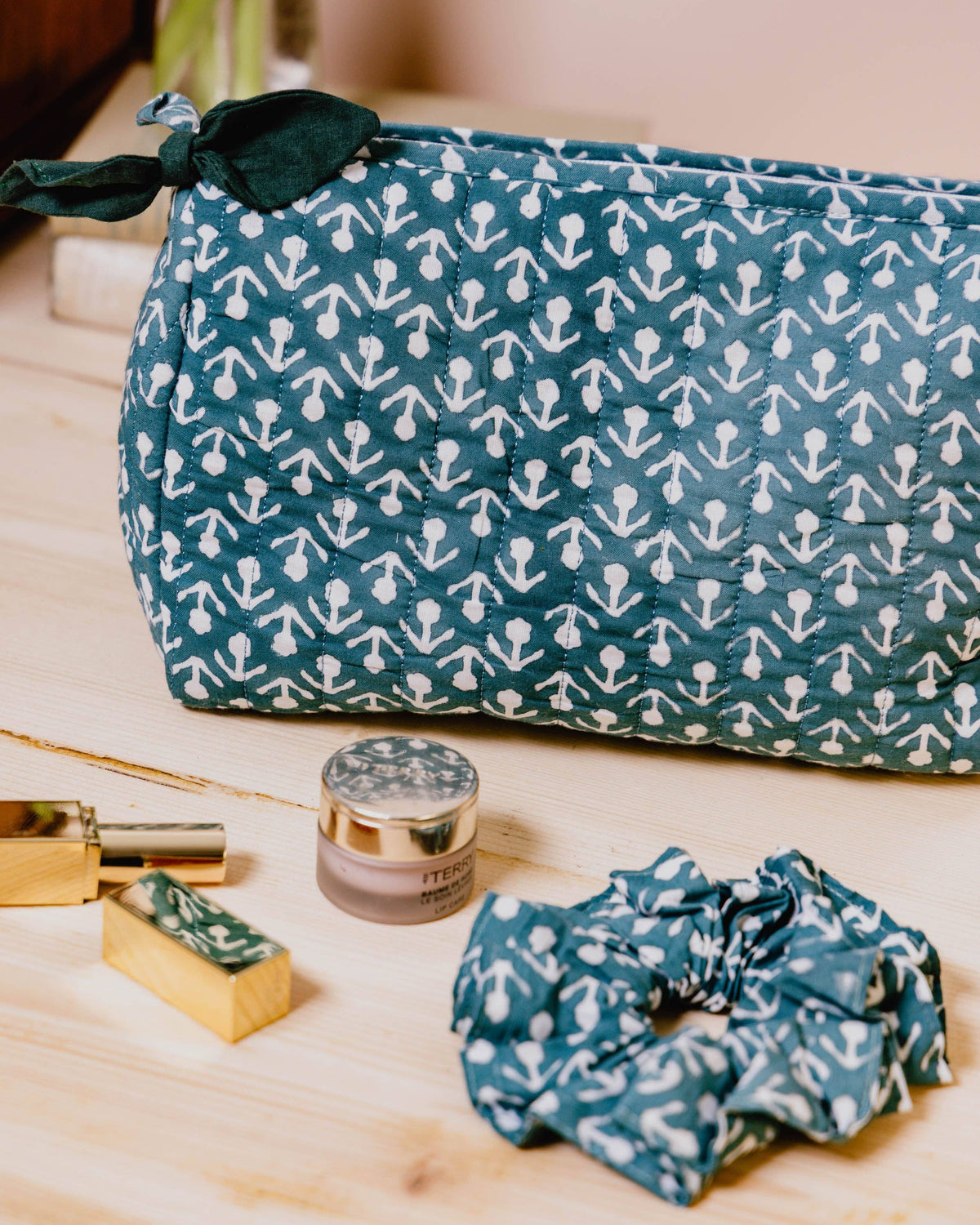 Hand Block Printed Wash Bags - Peacock Green Buti