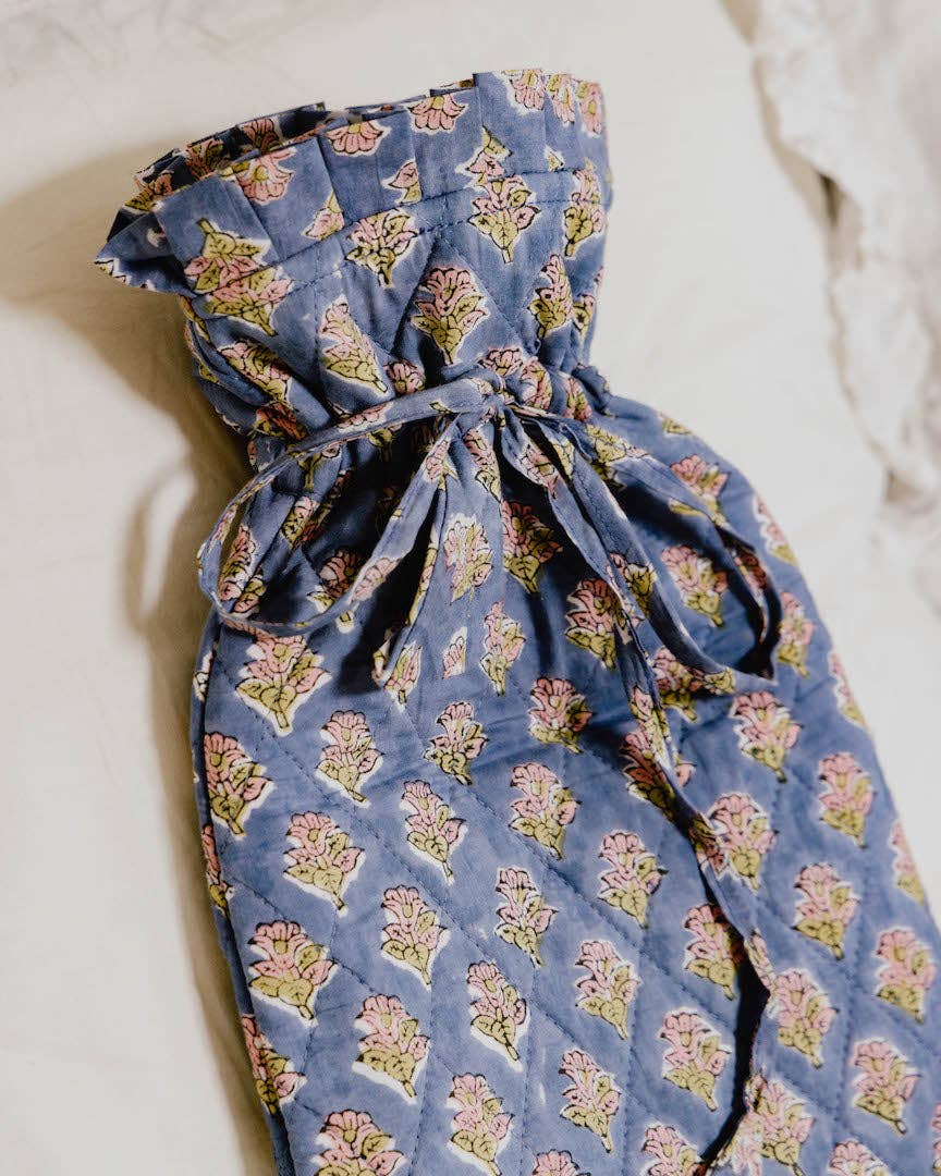 Quilted Block Printed Hot Water Bottle Cover -  Blue Sprig