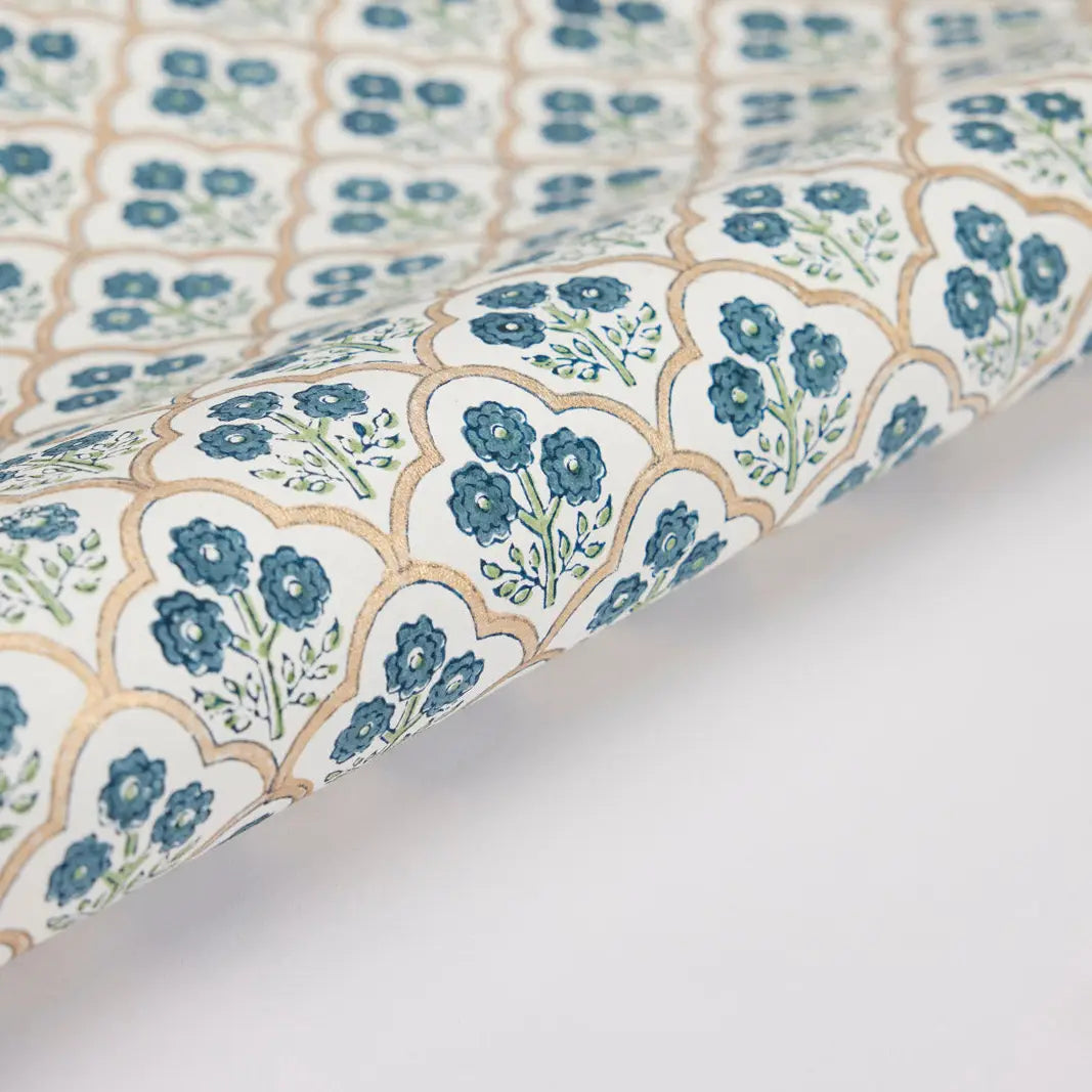Block Printed Wrapping Paper Sheets - Trellis Indigo