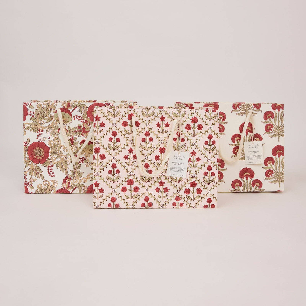 Block Printed Gift Bags - Winter Red - Medium
