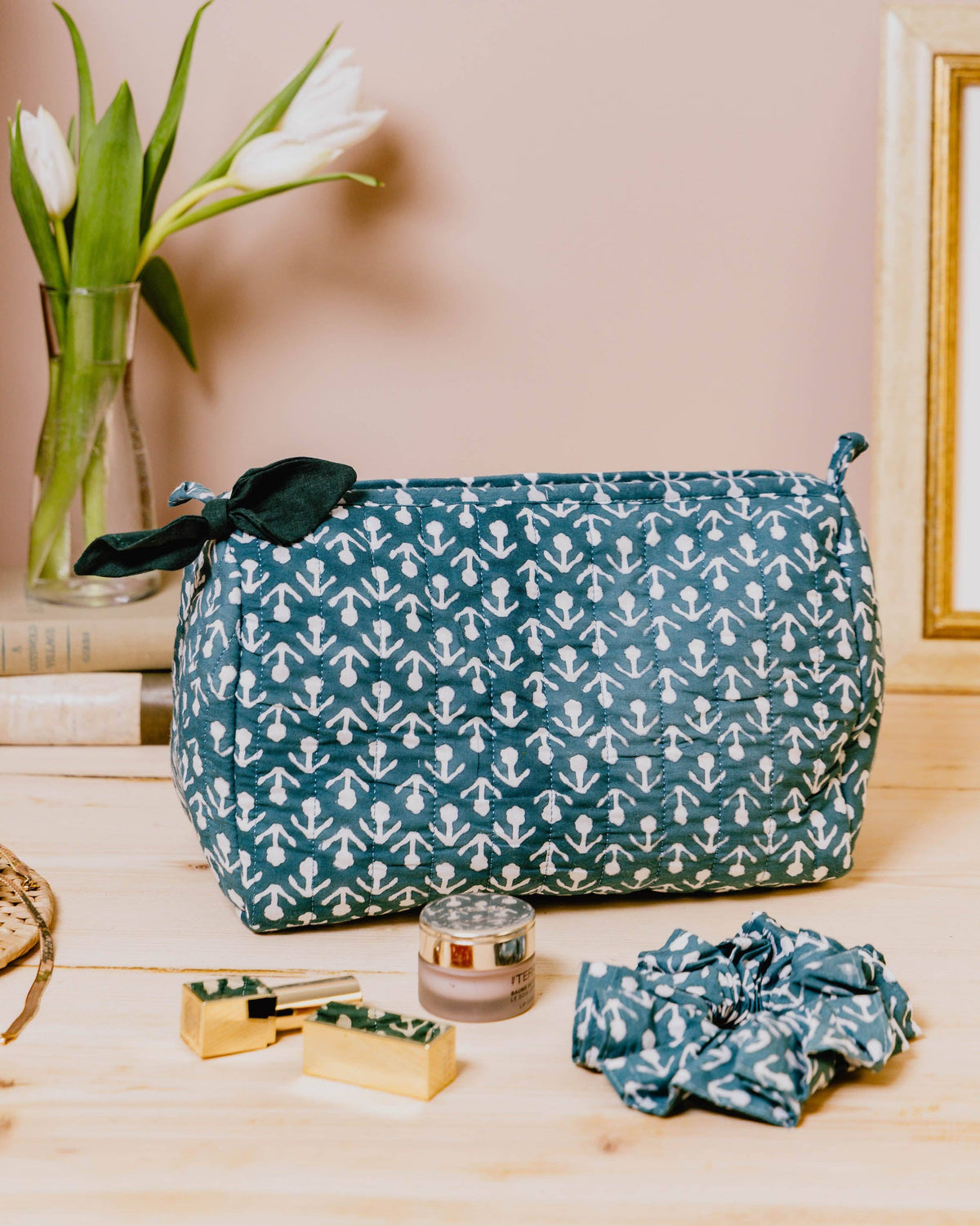 Hand Block Printed Wash Bags - Peacock Green Buti