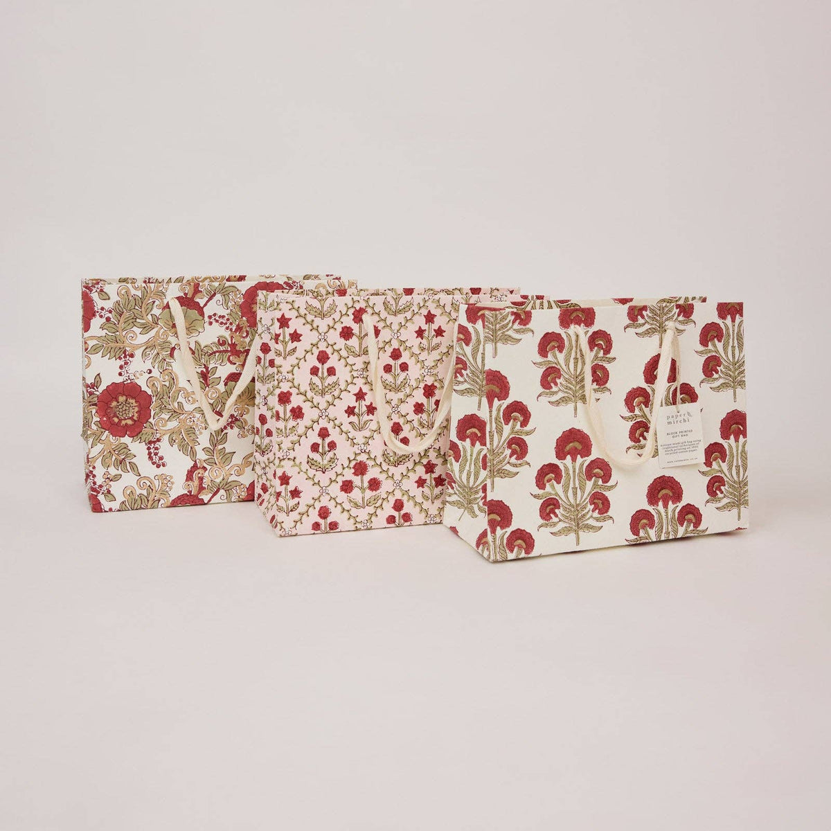 Block Printed Gift Bags - Winter Red - Medium