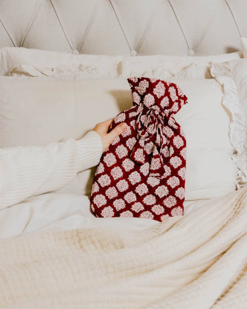 Quilted Block Printed Hot Water Bottle Cover - Burgundy