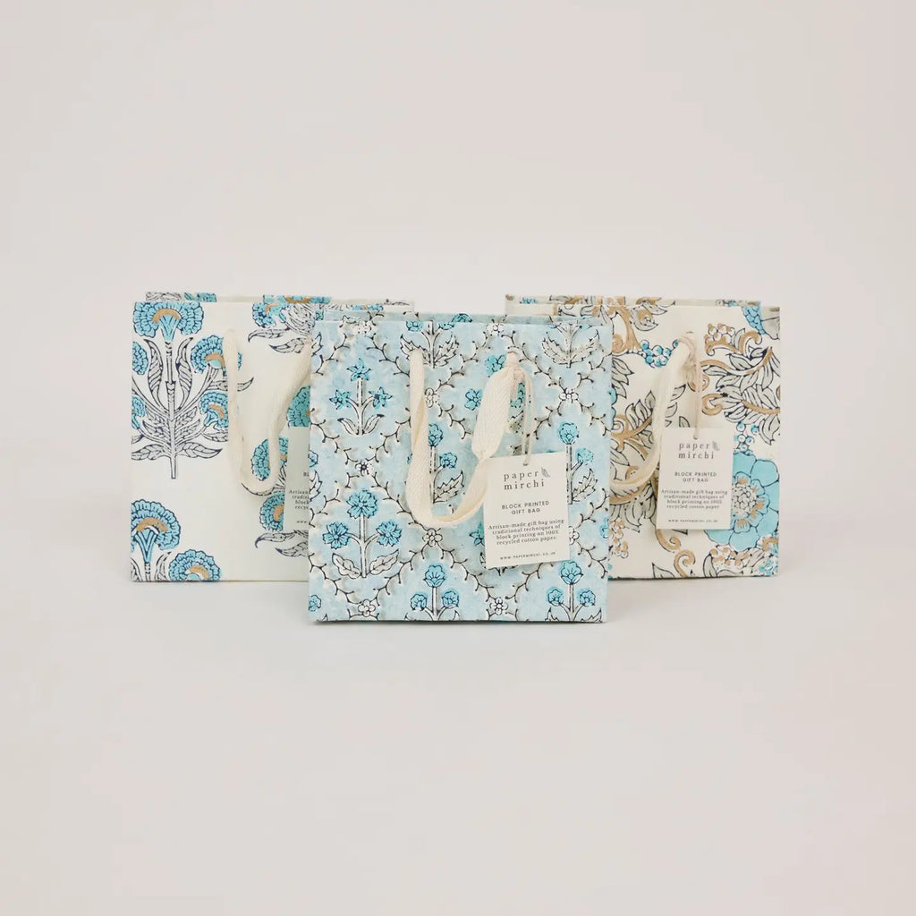 Hand Block Printed Gift Bags, Blue Opal - Small