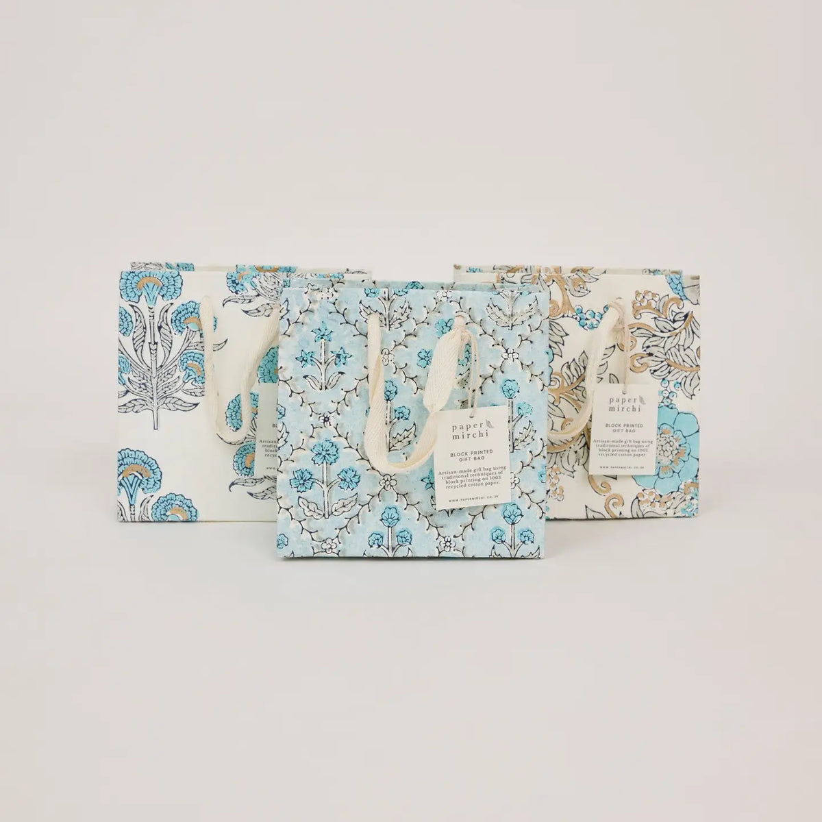 Hand Block Printed Gift Bags, Blue Opal - Small