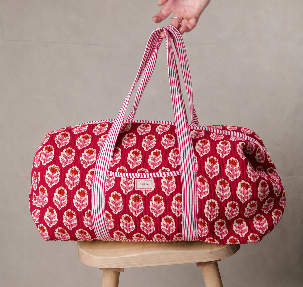Weekend Bag - Red with Pink Flower