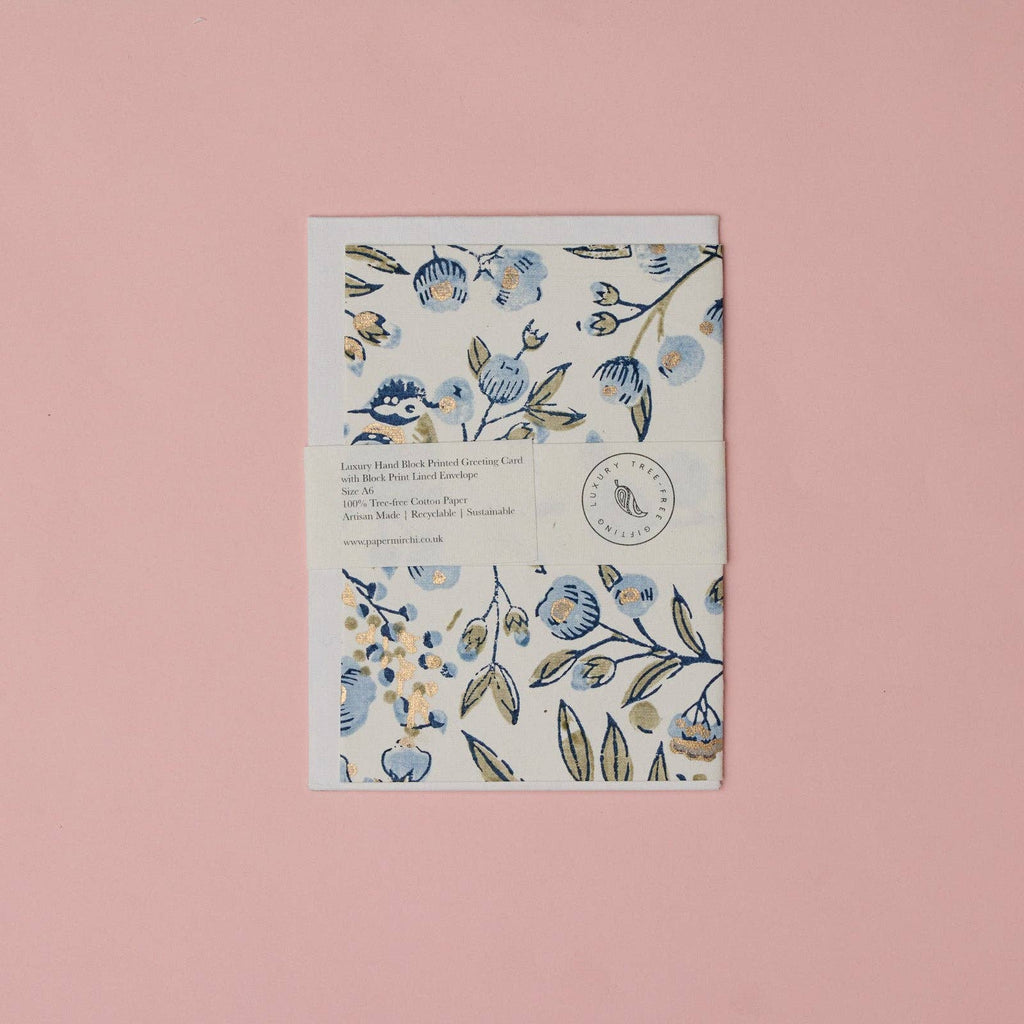 Block Printed Greeting Card - Songbird Blue Stone