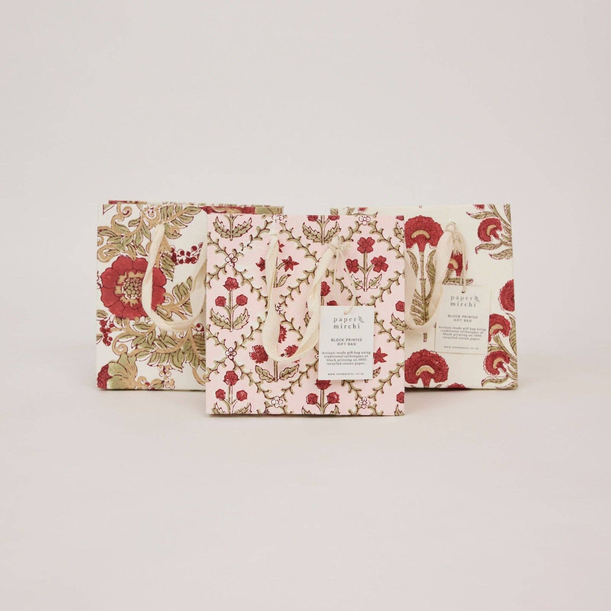 Block Printed Gift Bags - Winter Red - Small