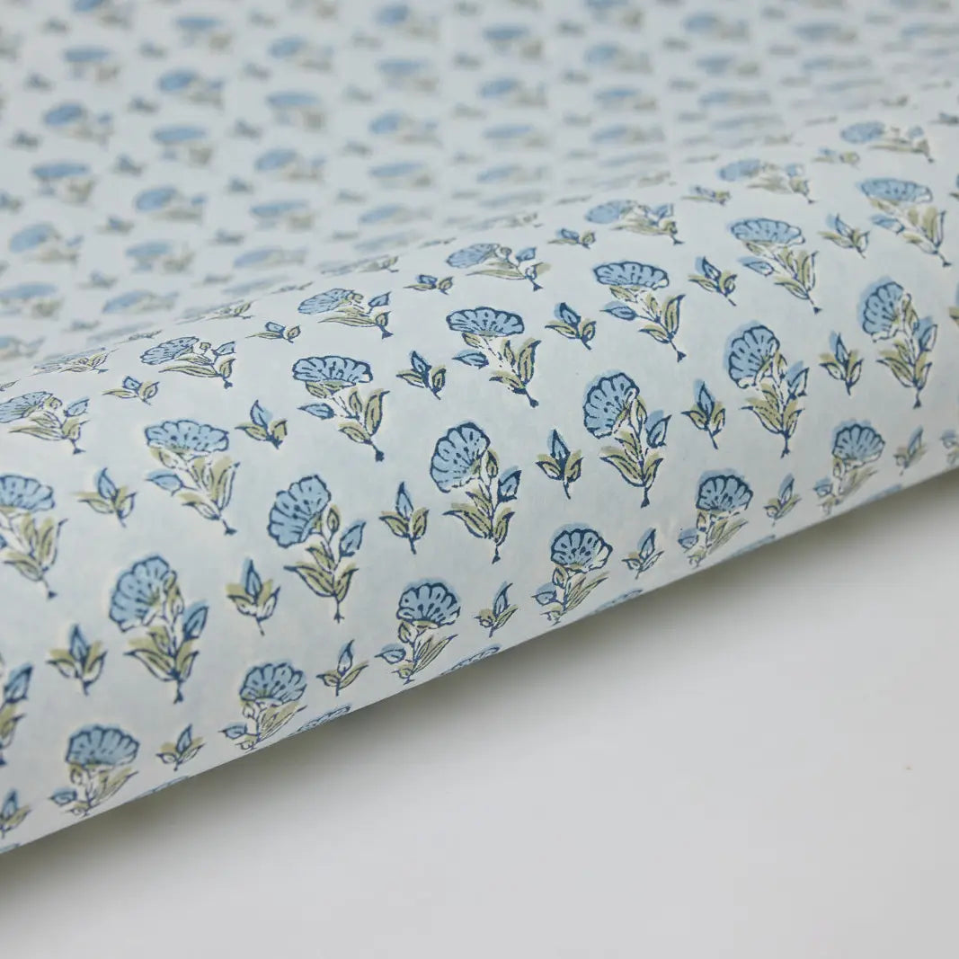 Block Printed Wrapping Paper Sheets - Ditsy Floral Blue Stone