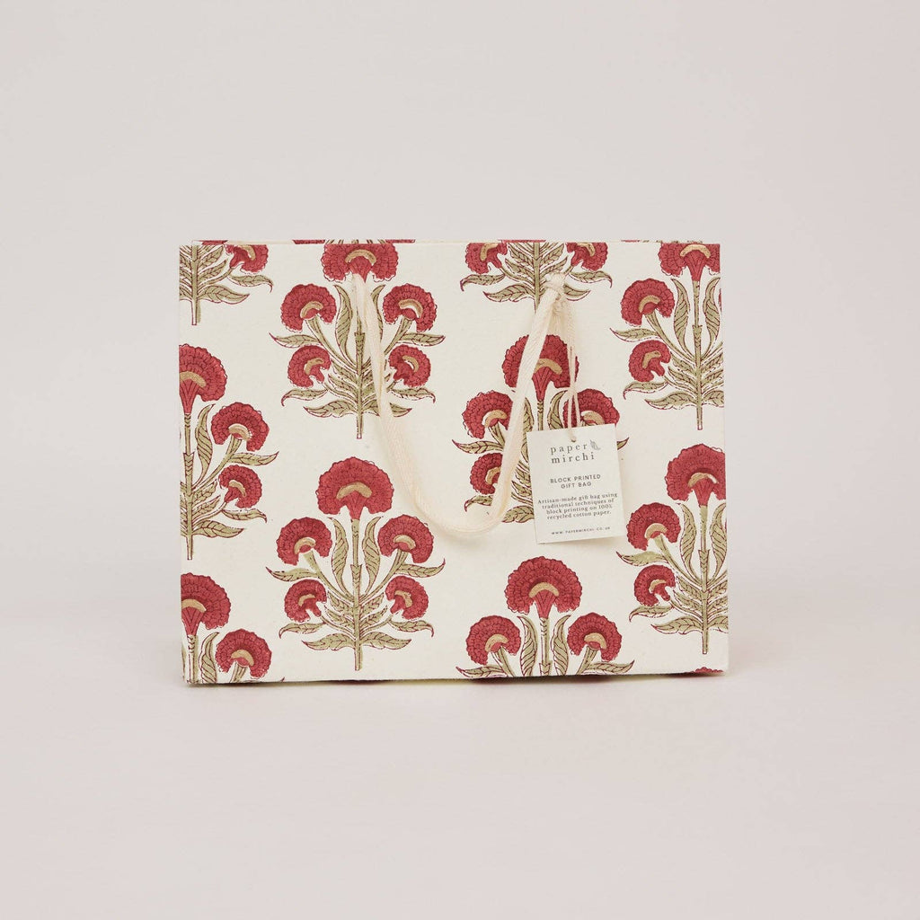 Block Printed Gift Bags - Winter Red - Medium