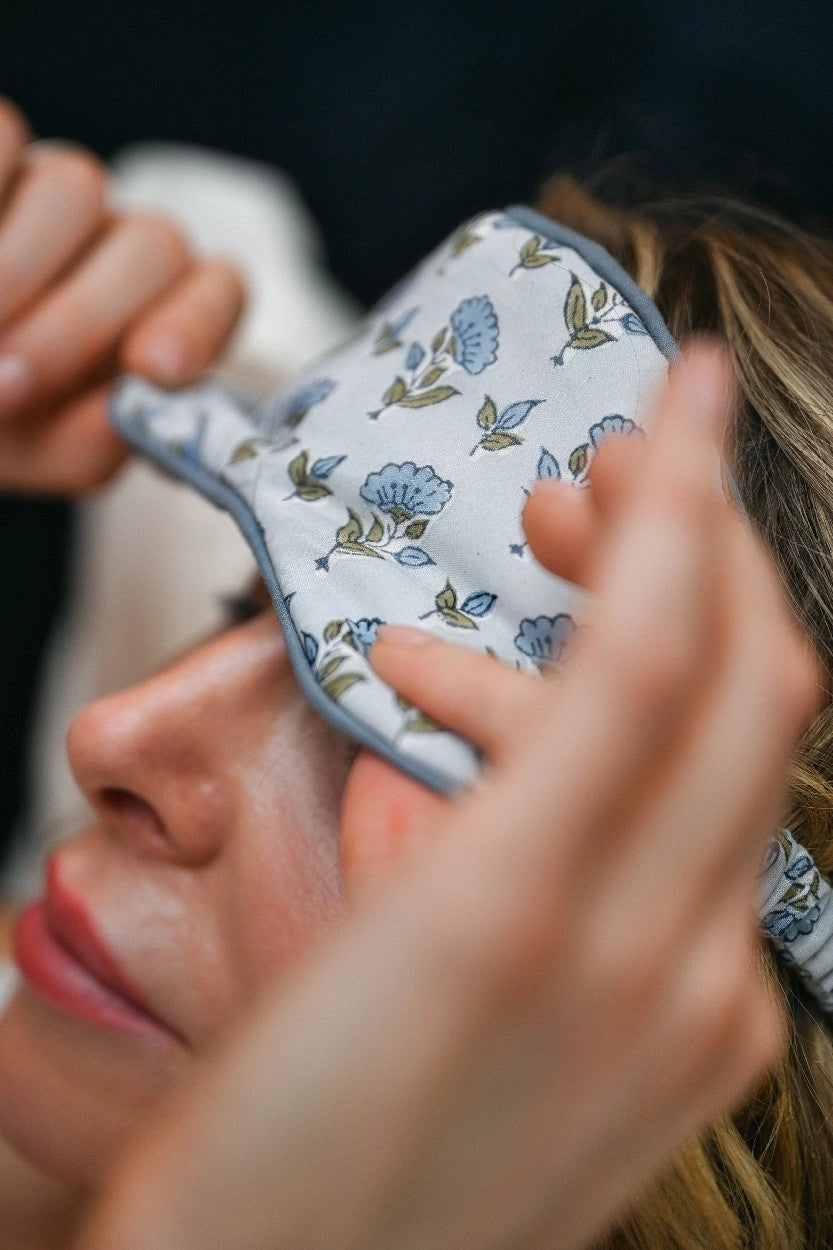 Paper Mirchi Block Printed Eye Mask & Scrunchie Set - Ditsy Floral Blue Stone