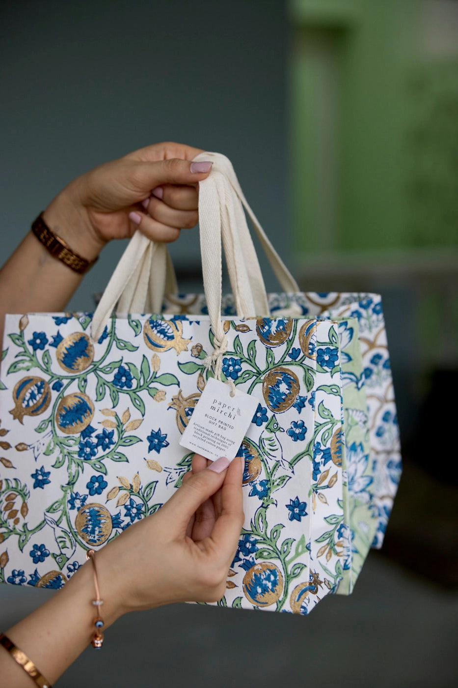 Hand Block Printed Gift Bags, Indigo - Medium