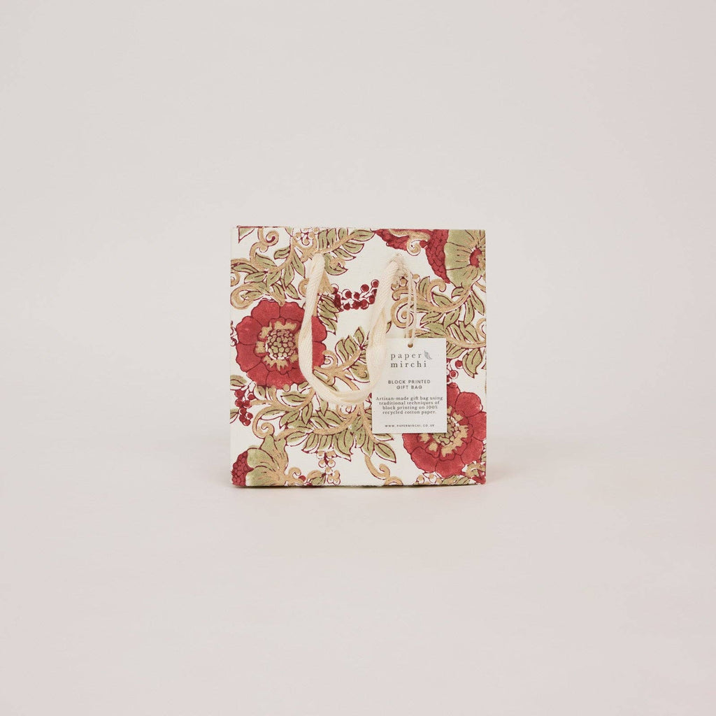 Block Printed Gift Bags - Winter Red - Small