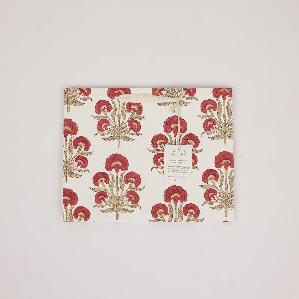 Block Printed Gift Bags - Winter Red - Medium