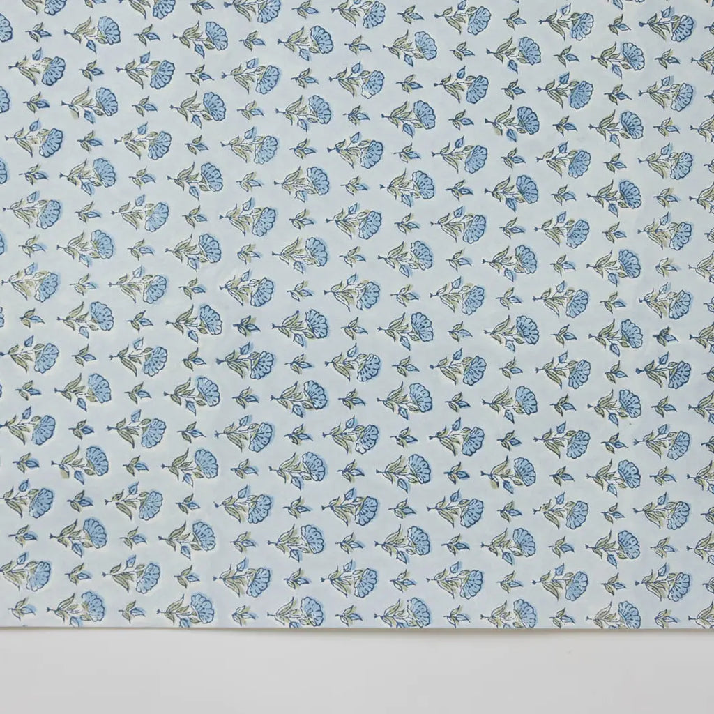 Block Printed Wrapping Paper Sheets - Ditsy Floral Blue Stone
