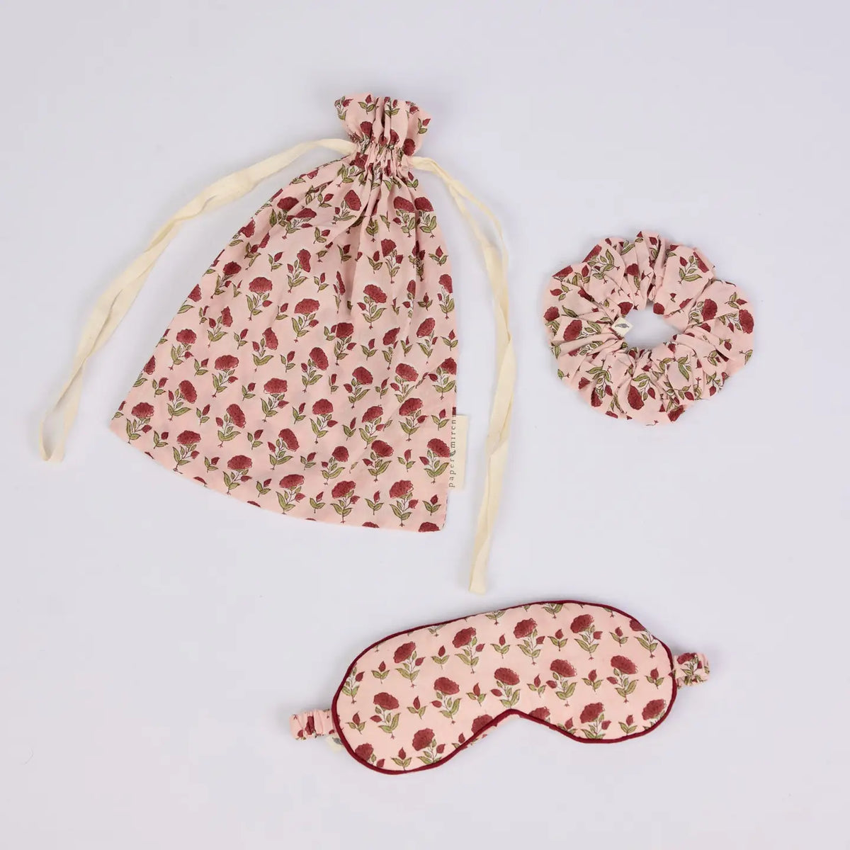 Paper Mirchi Block Printed Eye Mask & Scrunchie Set - Ditsy Floral Scarlet