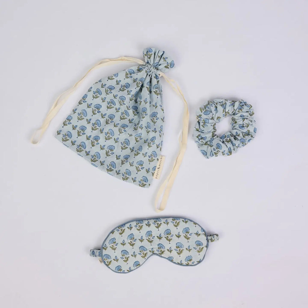 Paper Mirchi Block Printed Eye Mask & Scrunchie Set - Ditsy Floral Blue Stone