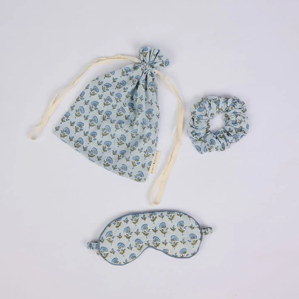 Paper Mirchi Block Printed Eye Mask & Scrunchie Set - Ditsy Floral Blue Stone