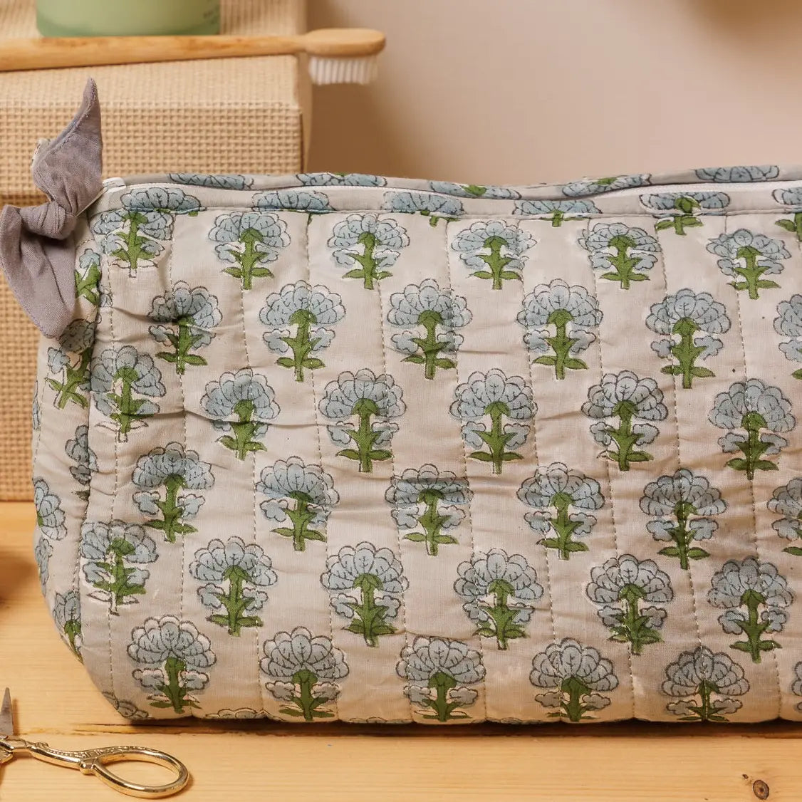 Hand Block Printed Wash Bag - French Blue Sprig