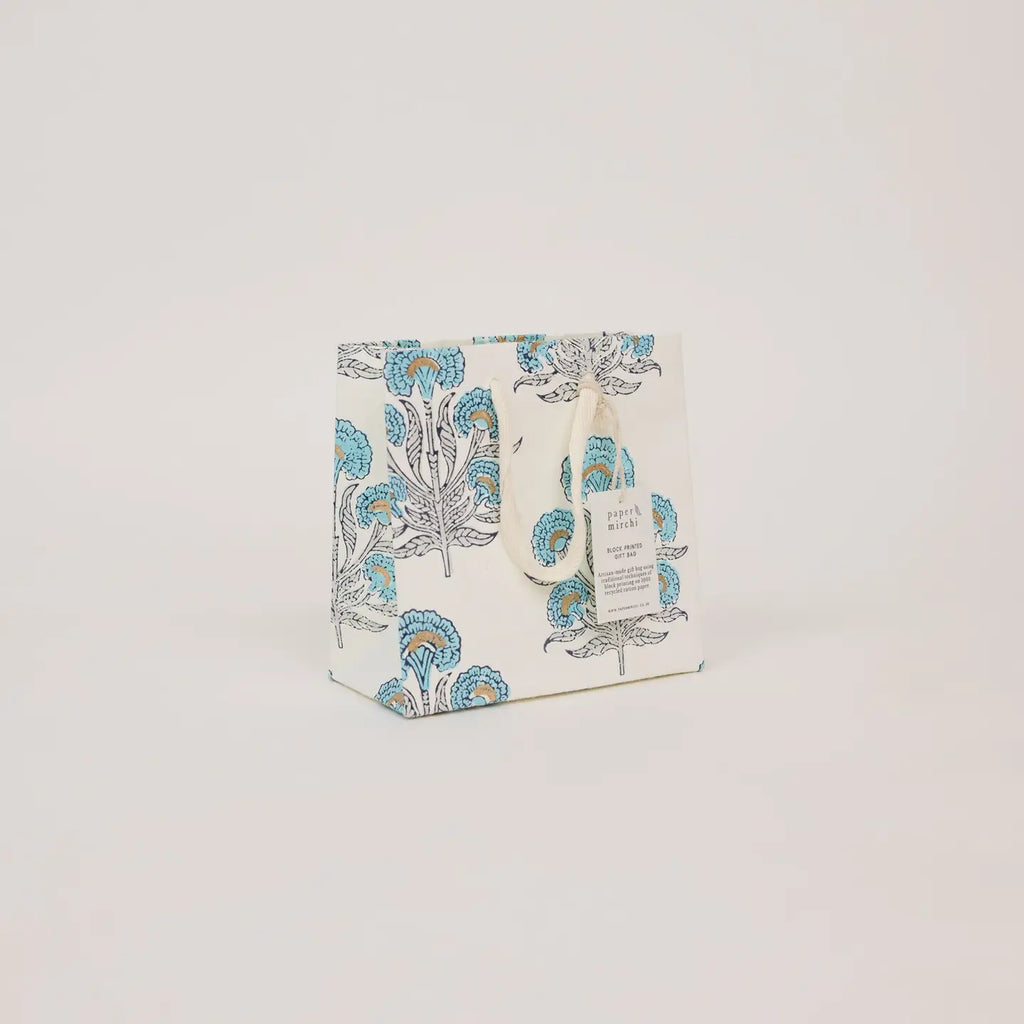 Hand Block Printed Gift Bags, Blue Opal - Small