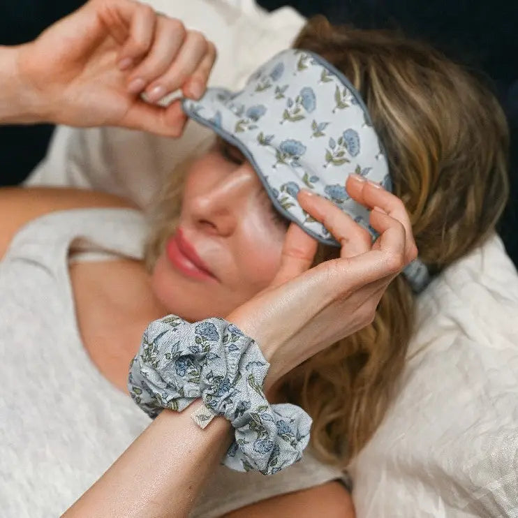 Paper Mirchi Block Printed Eye Mask & Scrunchie Set - Ditsy Floral Blue Stone