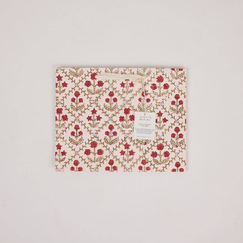 Block Printed Gift Bags - Winter Red - Medium