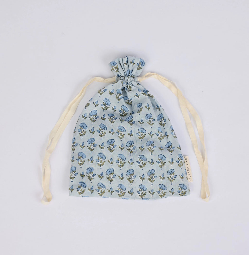 Paper Mirchi Block Printed Eye Mask & Scrunchie Set - Ditsy Floral Blue Stone