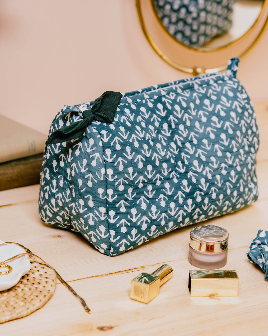 Hand Block Printed Wash Bags - Peacock Green Buti
