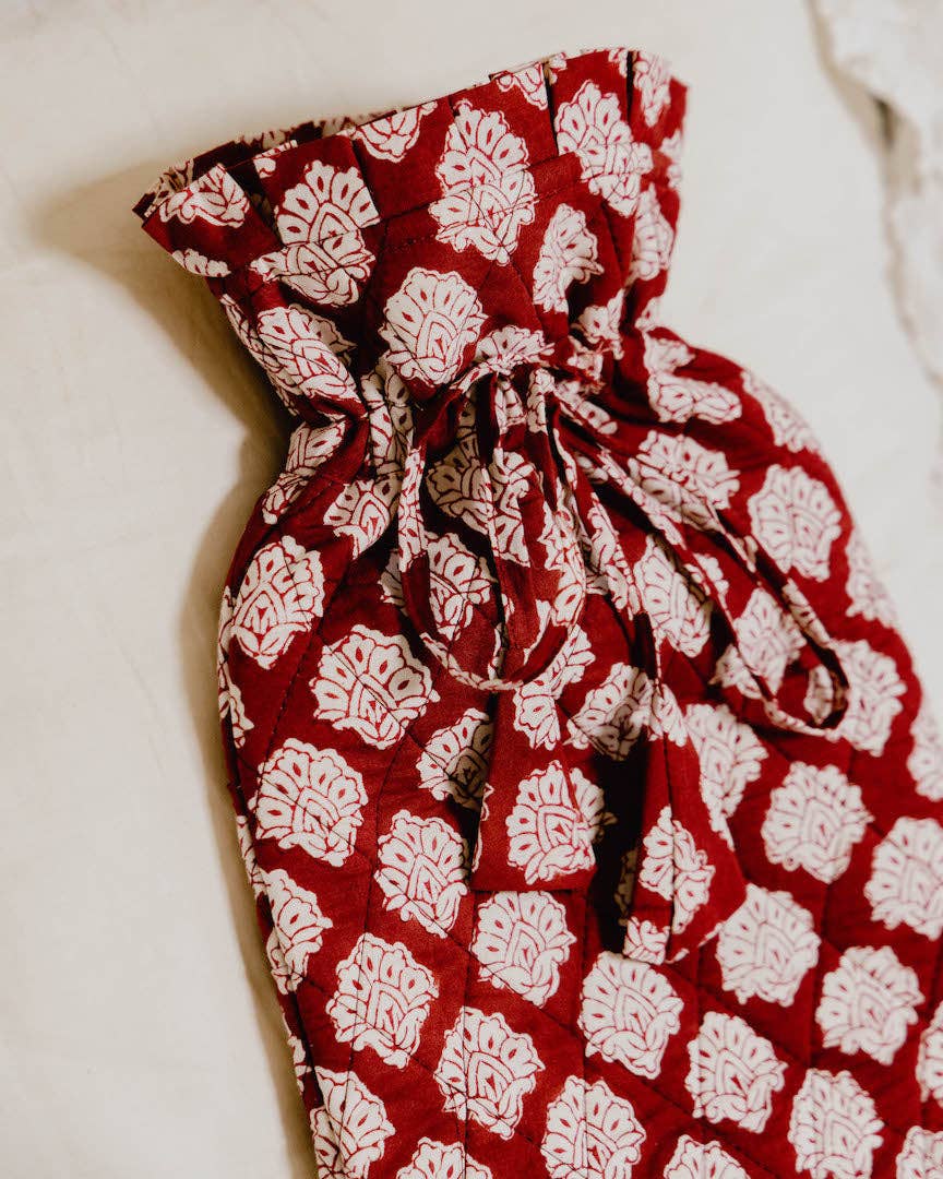 Quilted Block Printed Hot Water Bottle Cover - Burgundy