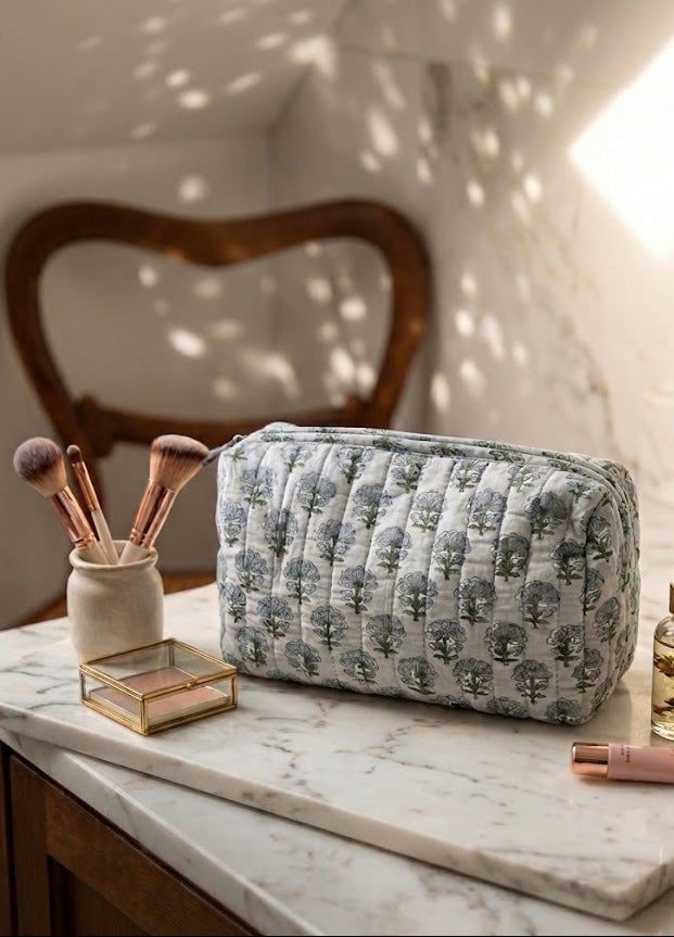 Hand Block Printed Wash Bag - French Blue Sprig