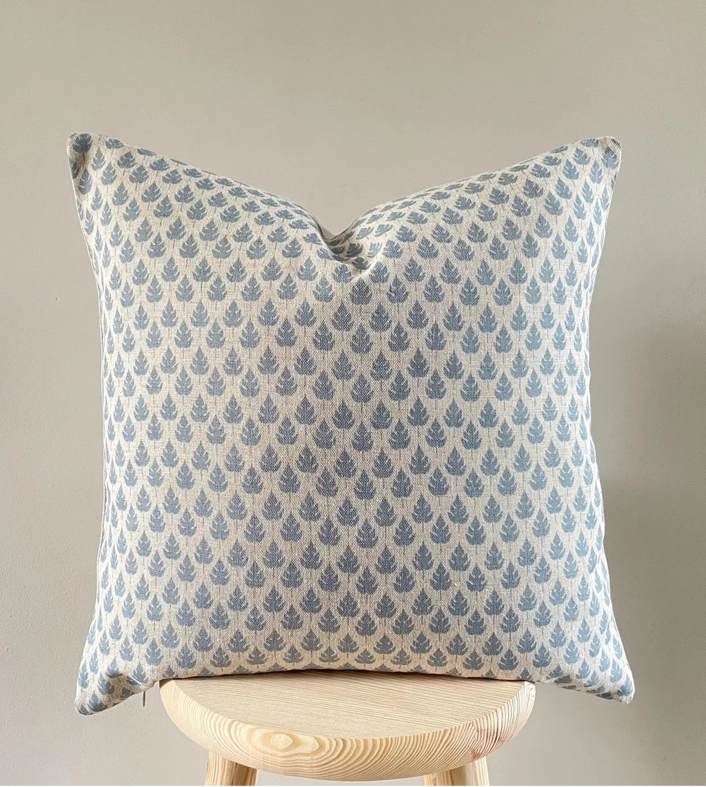 Dusky Blue Linen Cushion Cover - Leaf Print