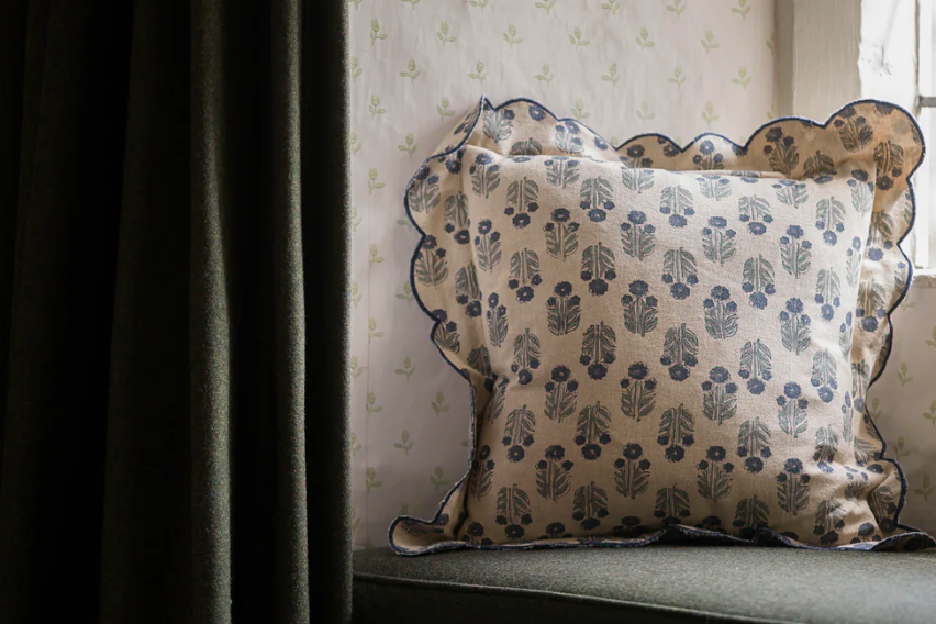 Scallop Blockprint Cushion - Blue