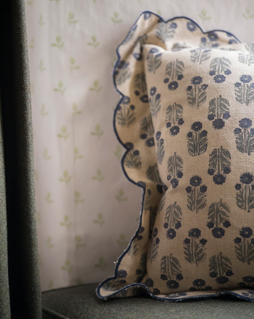 Scallop Blockprint Cushion - Blue