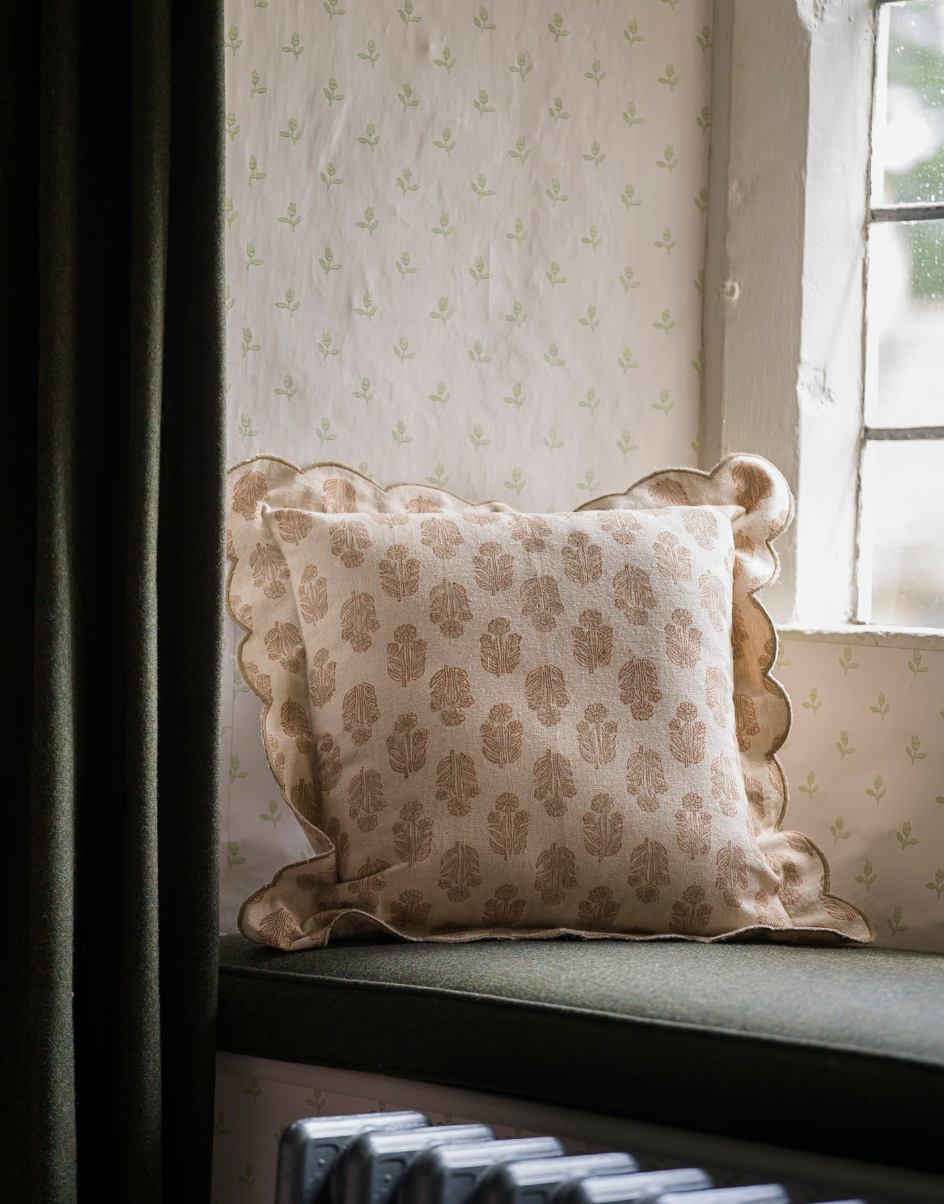 Scallop Blockprint Cushion - Taupe