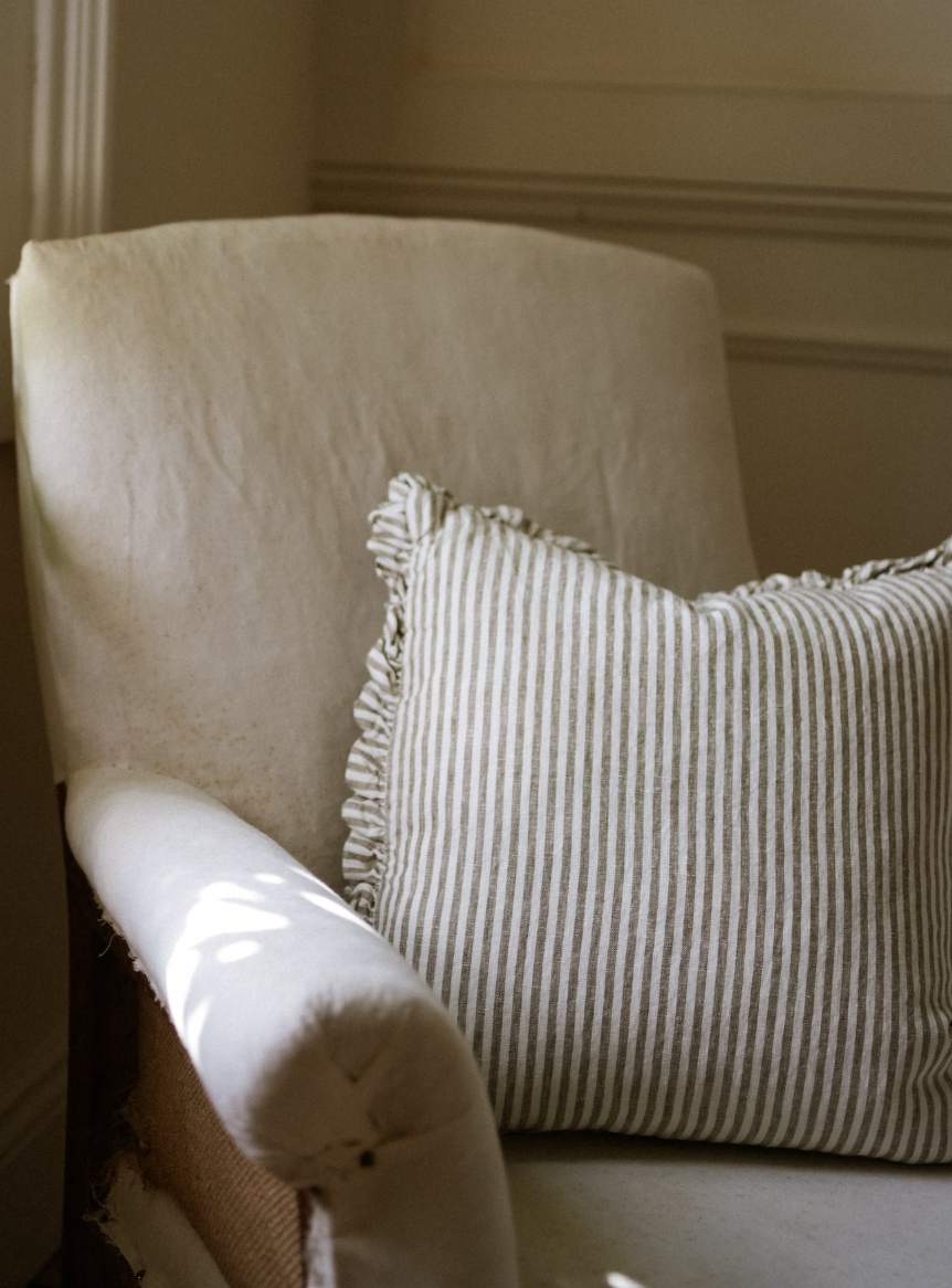The Provence Ticking Stripe Washed Linen Cushion - Olive