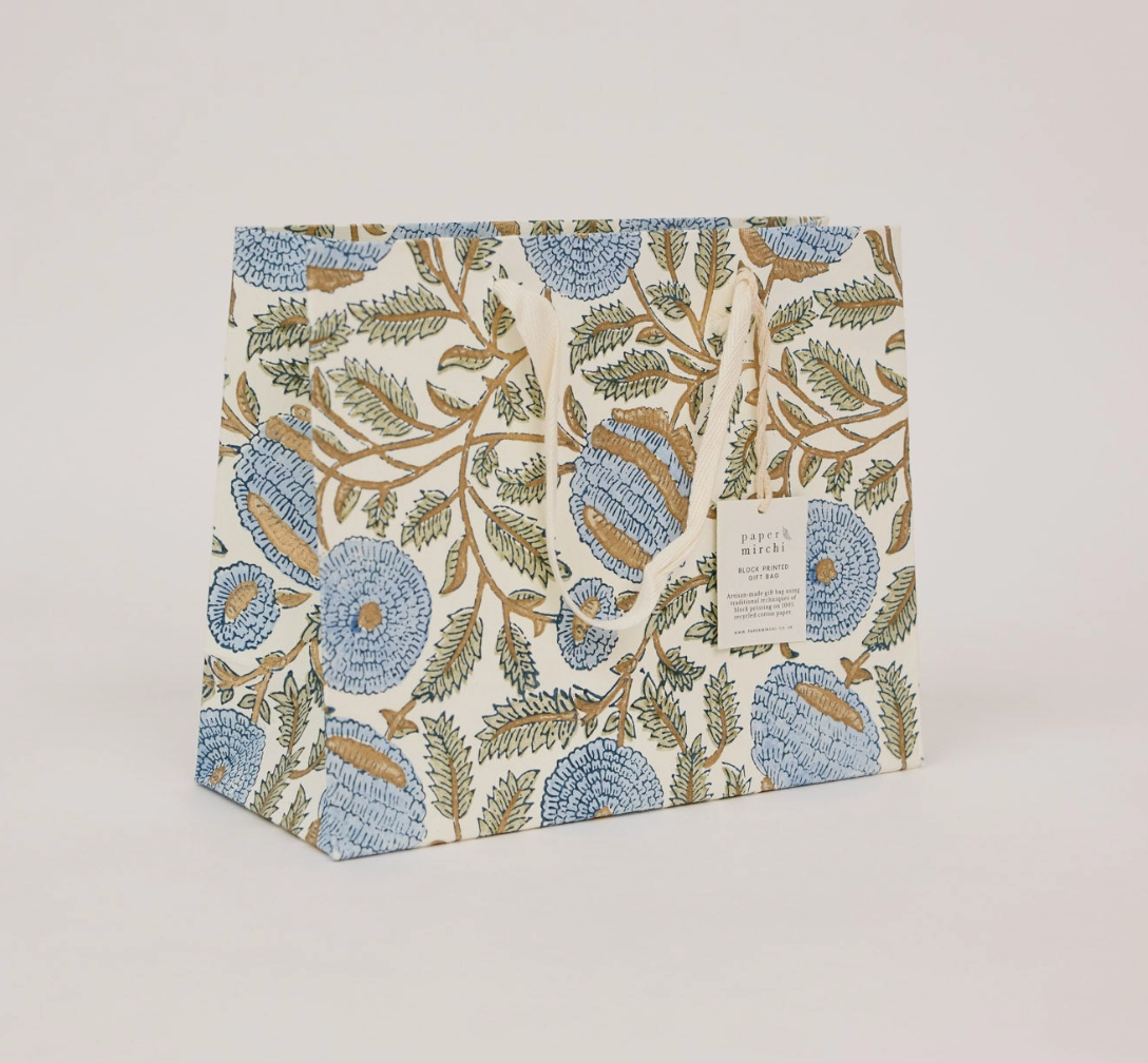 Hand Block Printed Gift Bag, Blue Stone Refresh - Medium