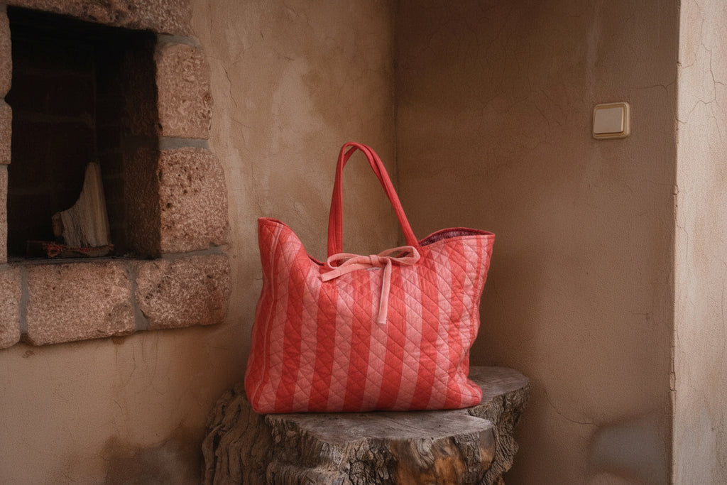 Roma Reversible Basket Bag - Coral Stripe