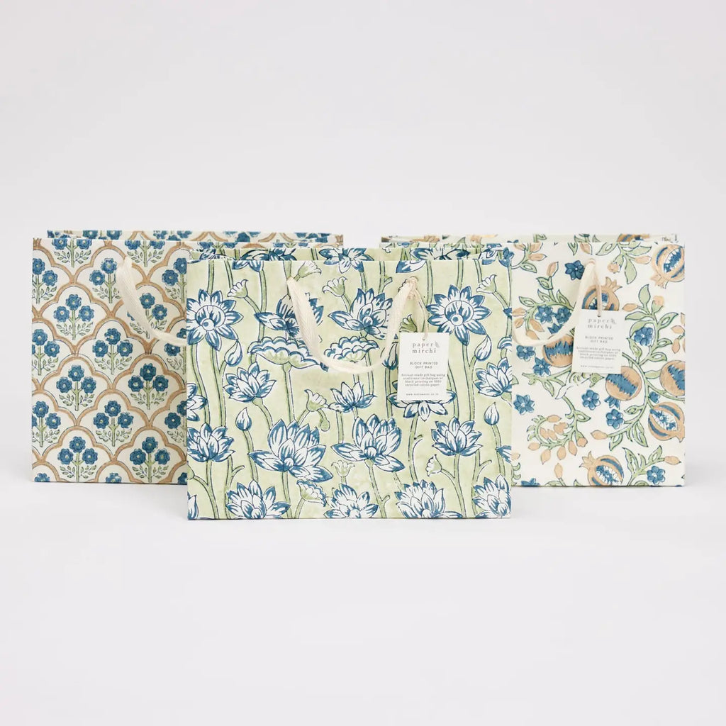 Hand Block Printed Gift Bags, Indigo - Medium