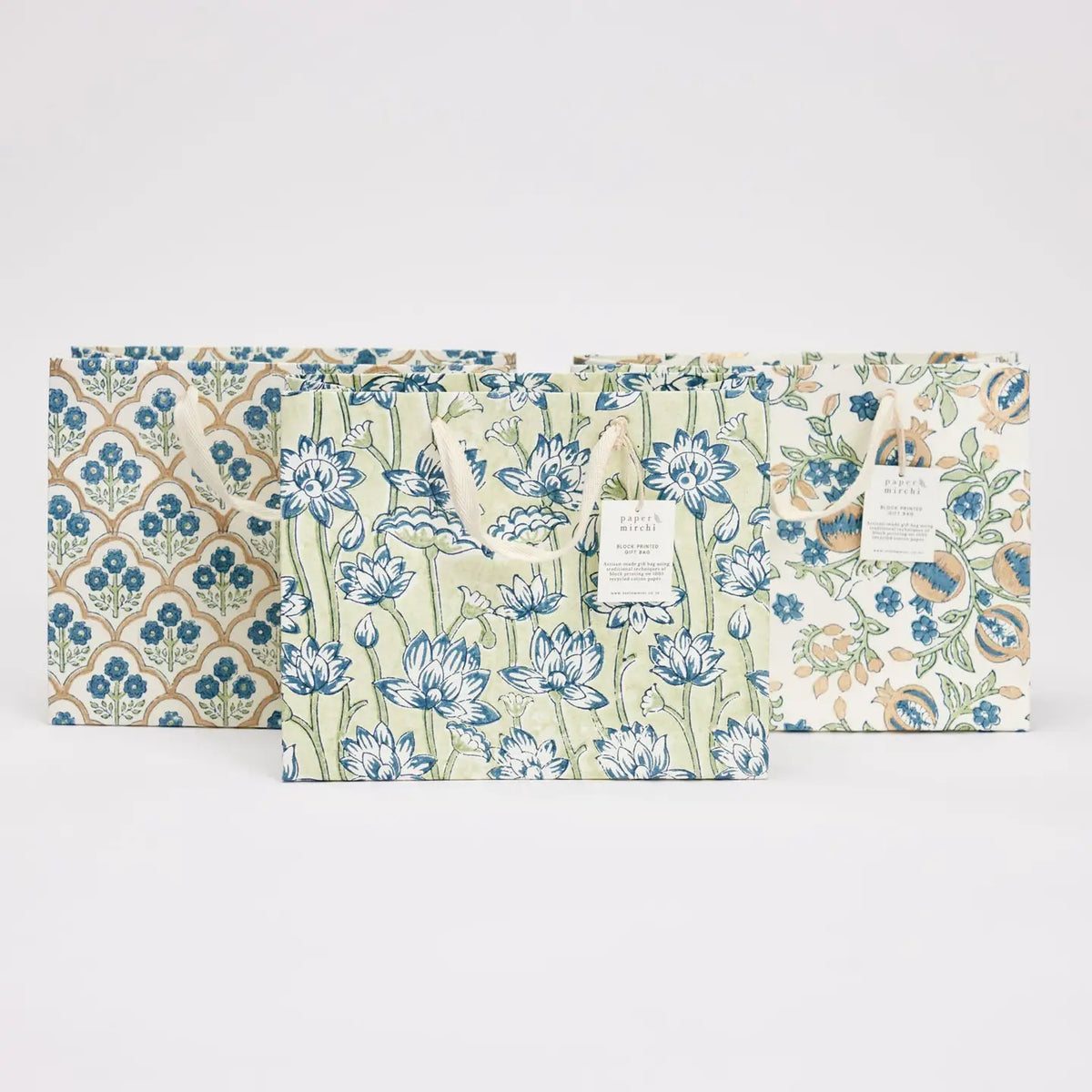 Hand Block Printed Gift Bags, Indigo - Medium