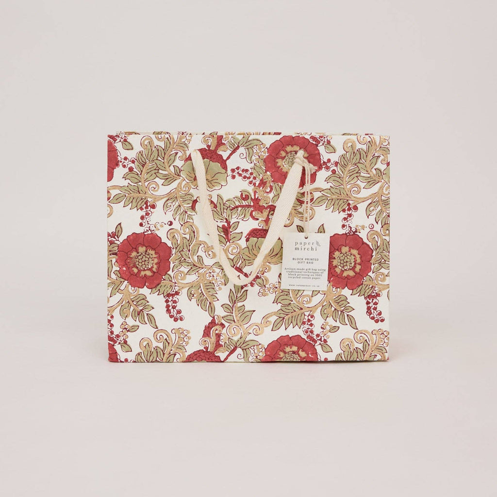 Block Printed Gift Bags - Winter Red - Medium