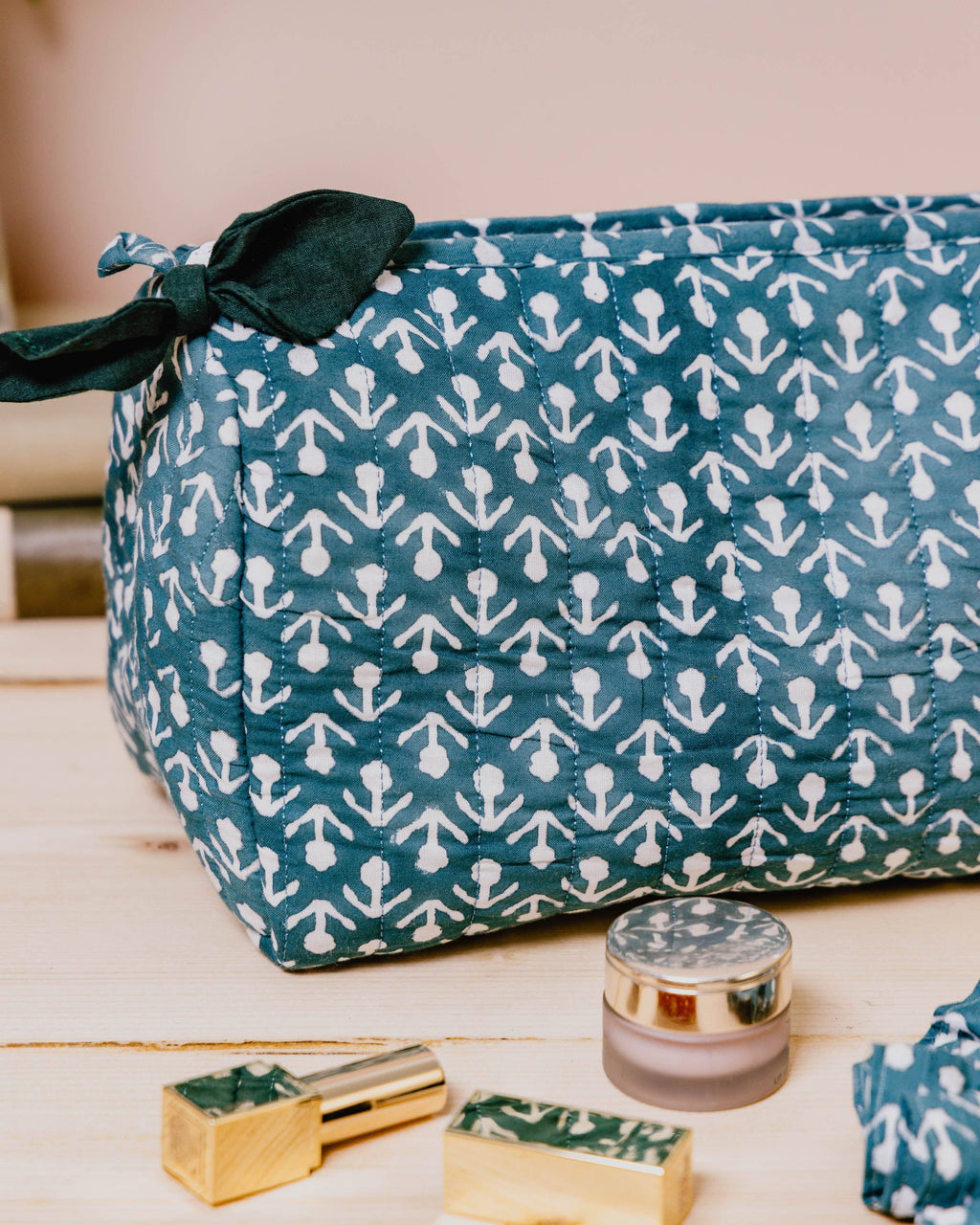 Hand Block Printed Wash Bags - Peacock Green Buti