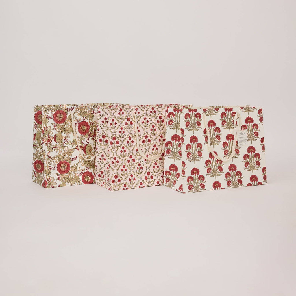 Block Printed Gift Bags - Winter Red - Large
