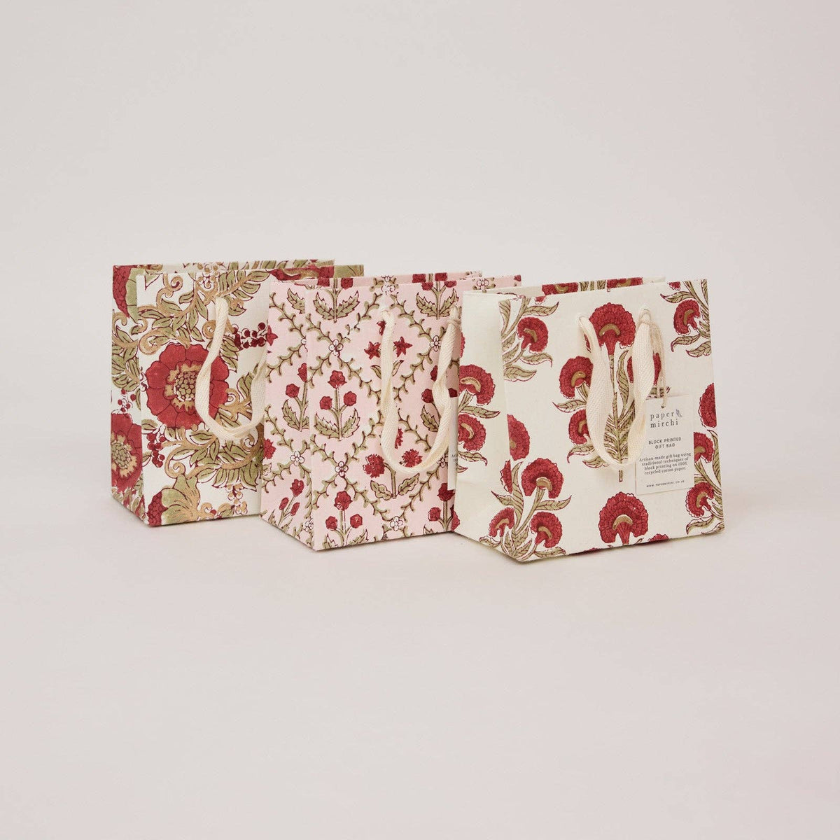 Block Printed Gift Bags - Winter Red - Small