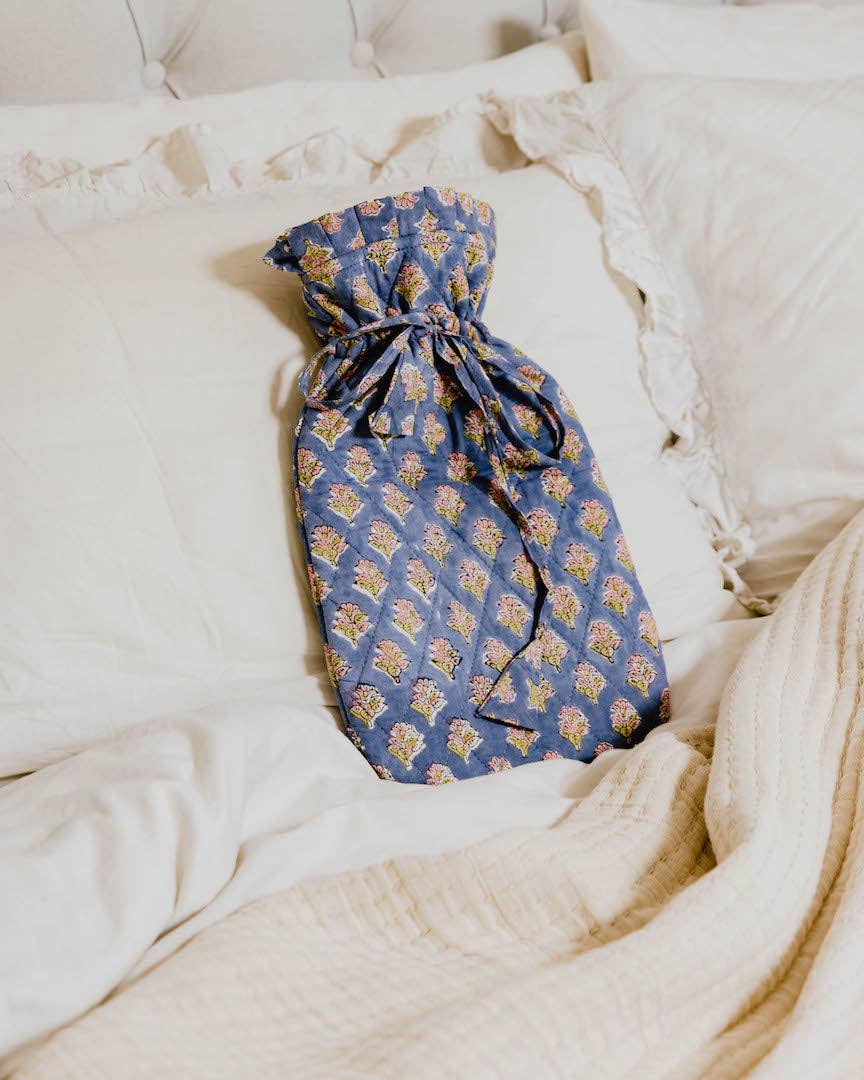 Quilted Block Printed Hot Water Bottle Cover -  Blue Sprig