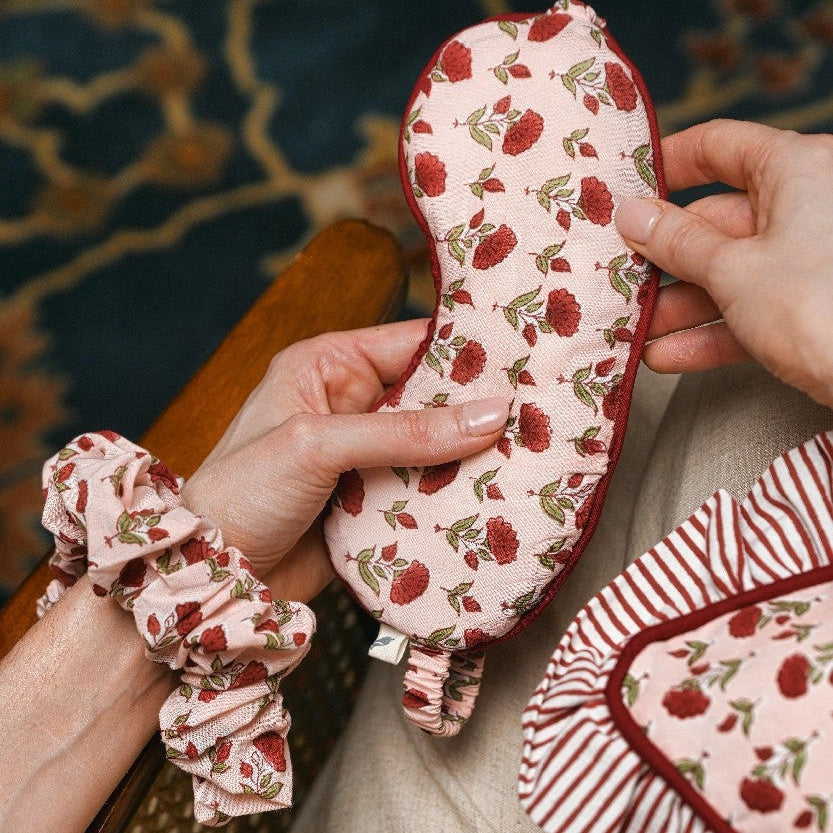 Paper Mirchi Block Printed Eye Mask & Scrunchie Set - Ditsy Floral Scarlet