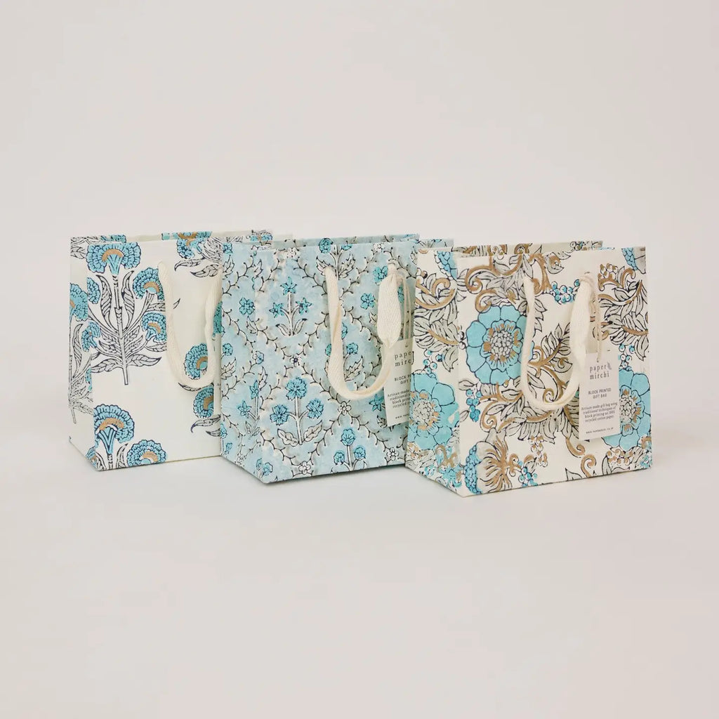 Hand Block Printed Gift Bags, Blue Opal - Small